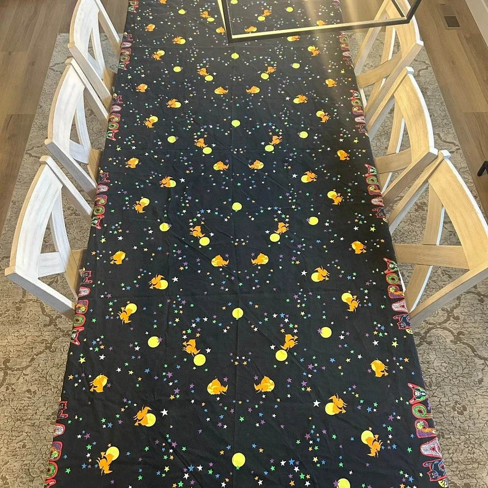 Vintage Happy Halloween Tablecloth Black Stars Monsters 101x51 Spooky Decor